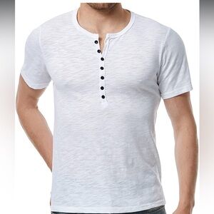 White Henley T-Shirt with Black Buttons